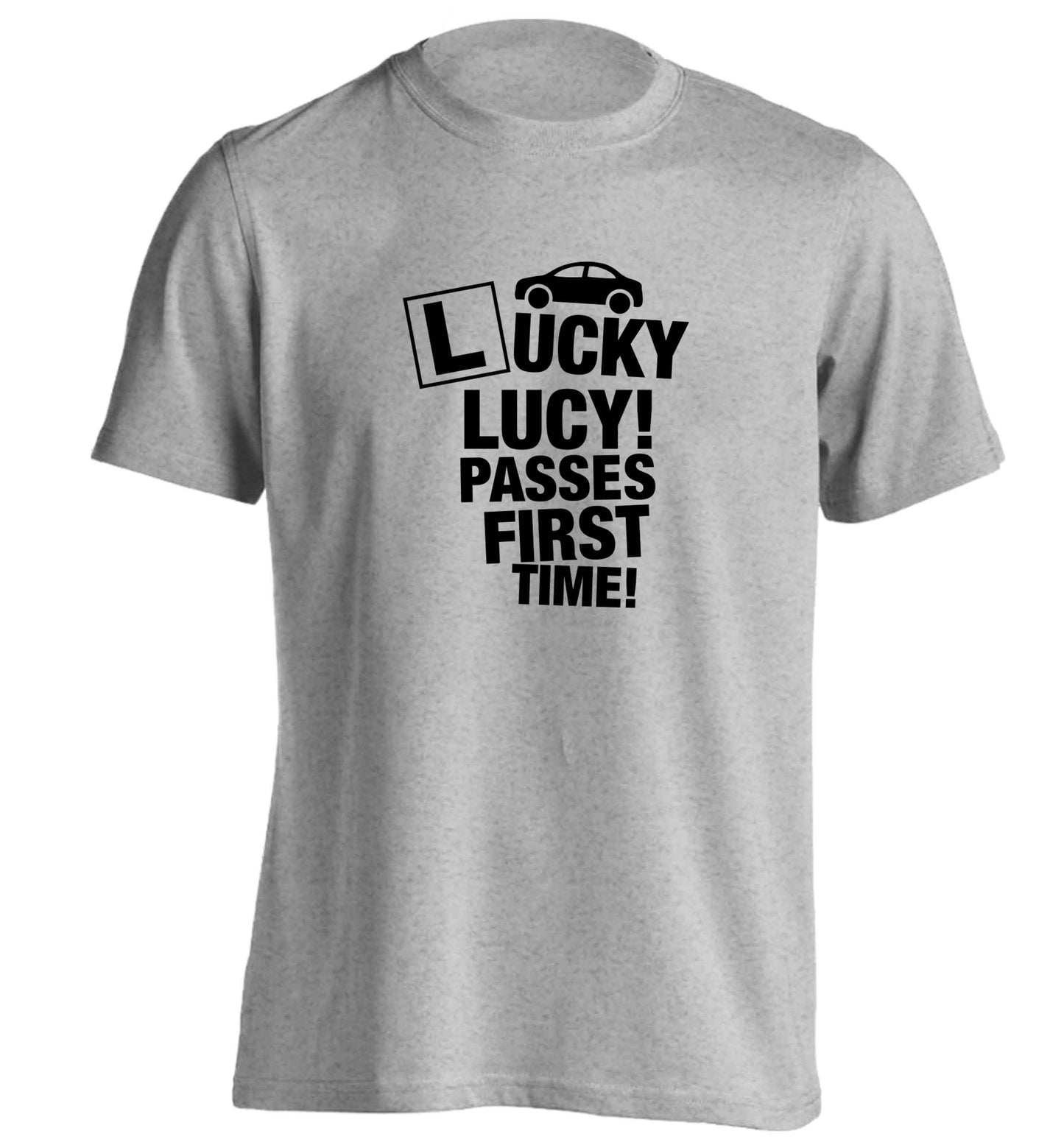 Personalised Lucky passes first time adults unisex grey Tshirt 2XL