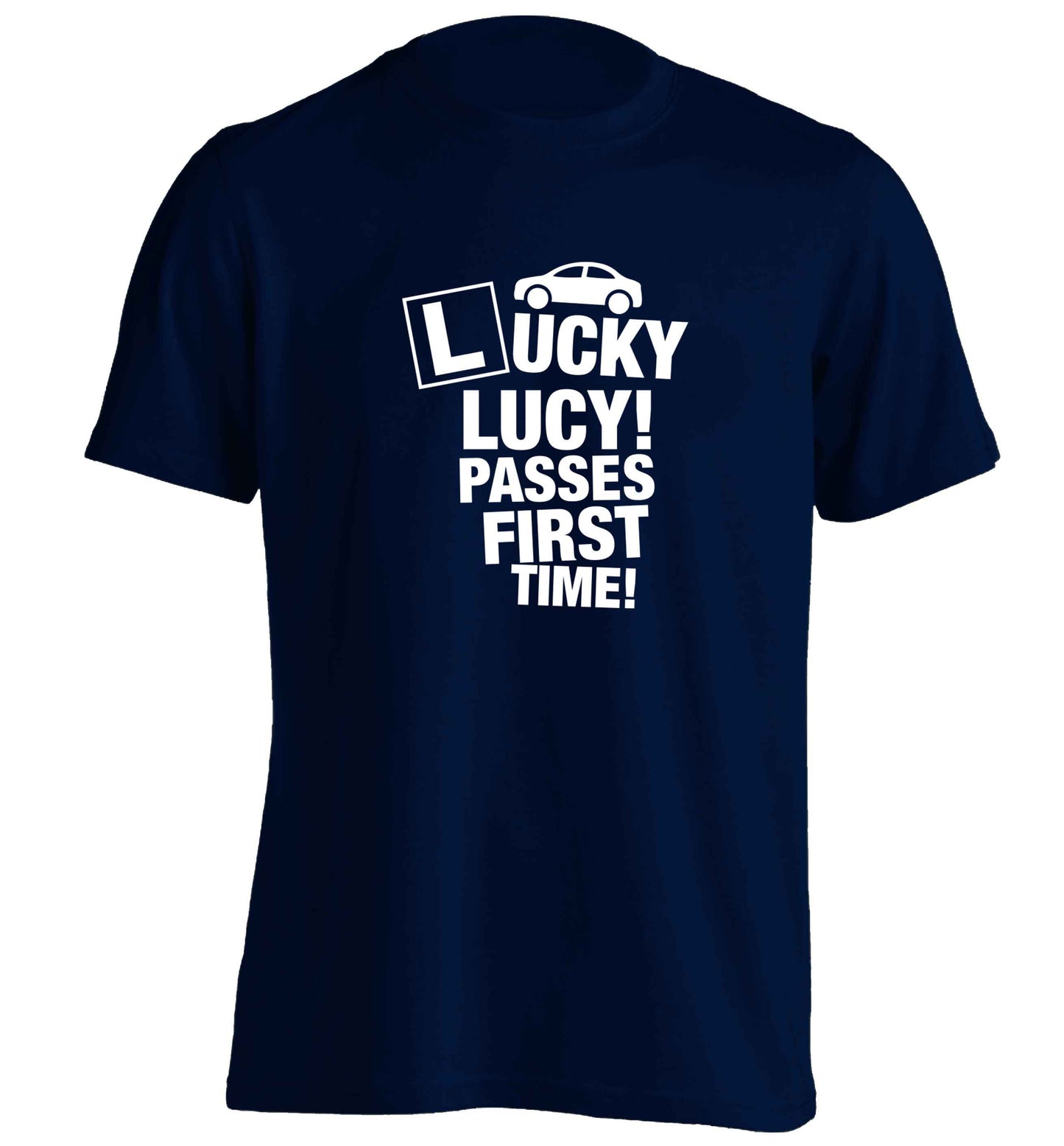Personalised Lucky passes first time adults unisex navy Tshirt 2XL