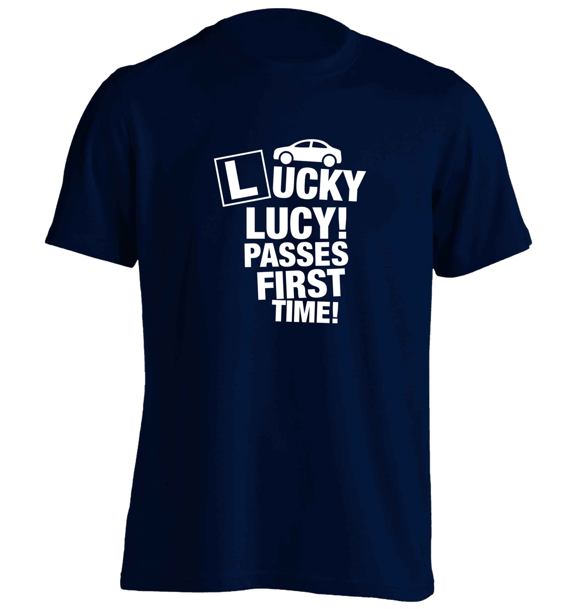 Personalised Lucky passes first time adults unisex navy Tshirt 2XL