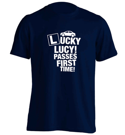 Personalised Lucky passes first time adults unisex navy Tshirt 2XL