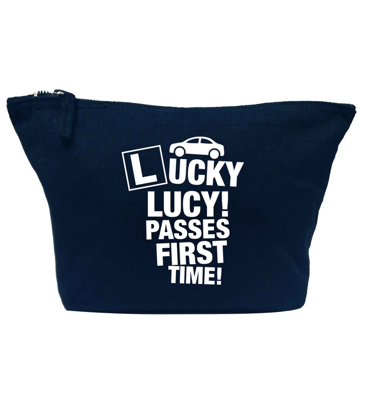 Personalised Lucky passes first time navy makeup bag