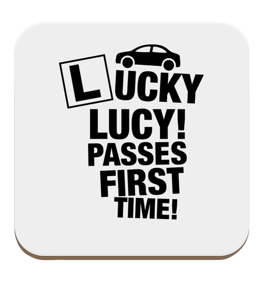 Personalised Lucky passes first time set of four coasters