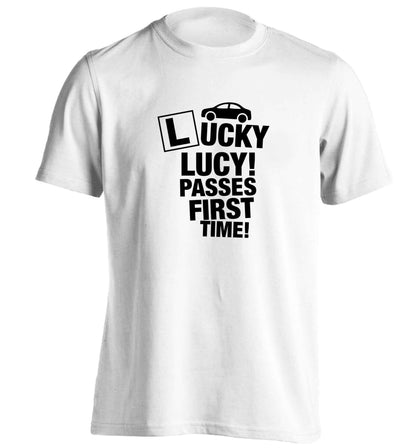 Personalised Lucky passes first time adults unisex white Tshirt 2XL