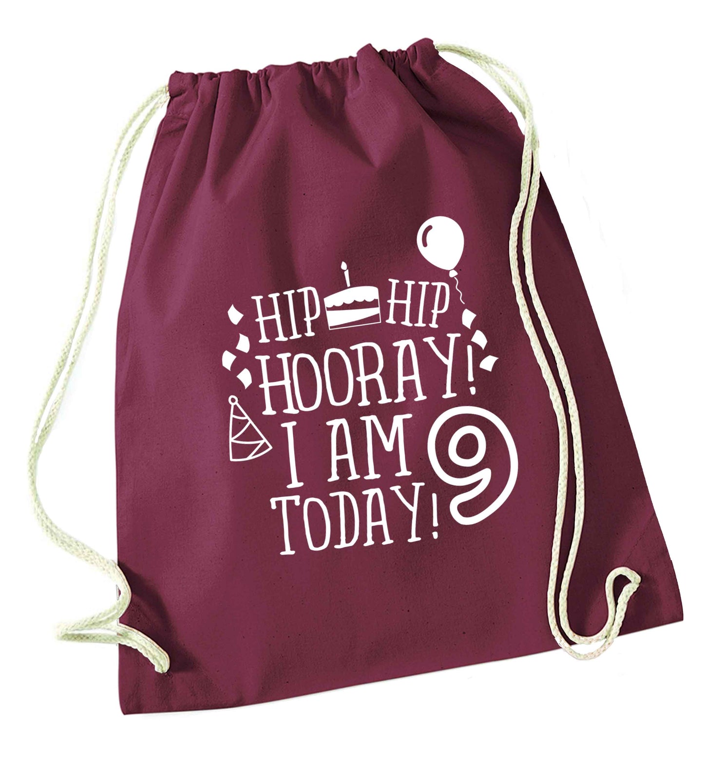 Hip hip hooray I am 9 today! maroon drawstring bag