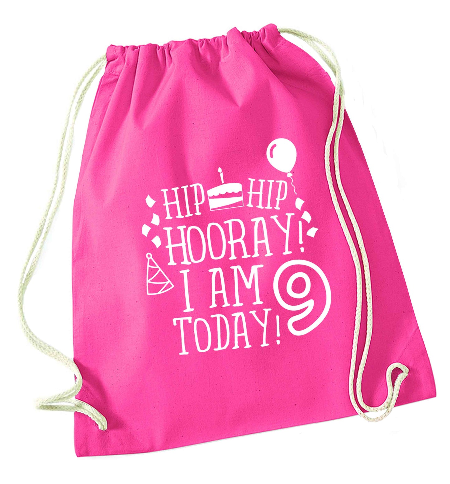 Hip hip hooray I am 9 today! pink drawstring bag