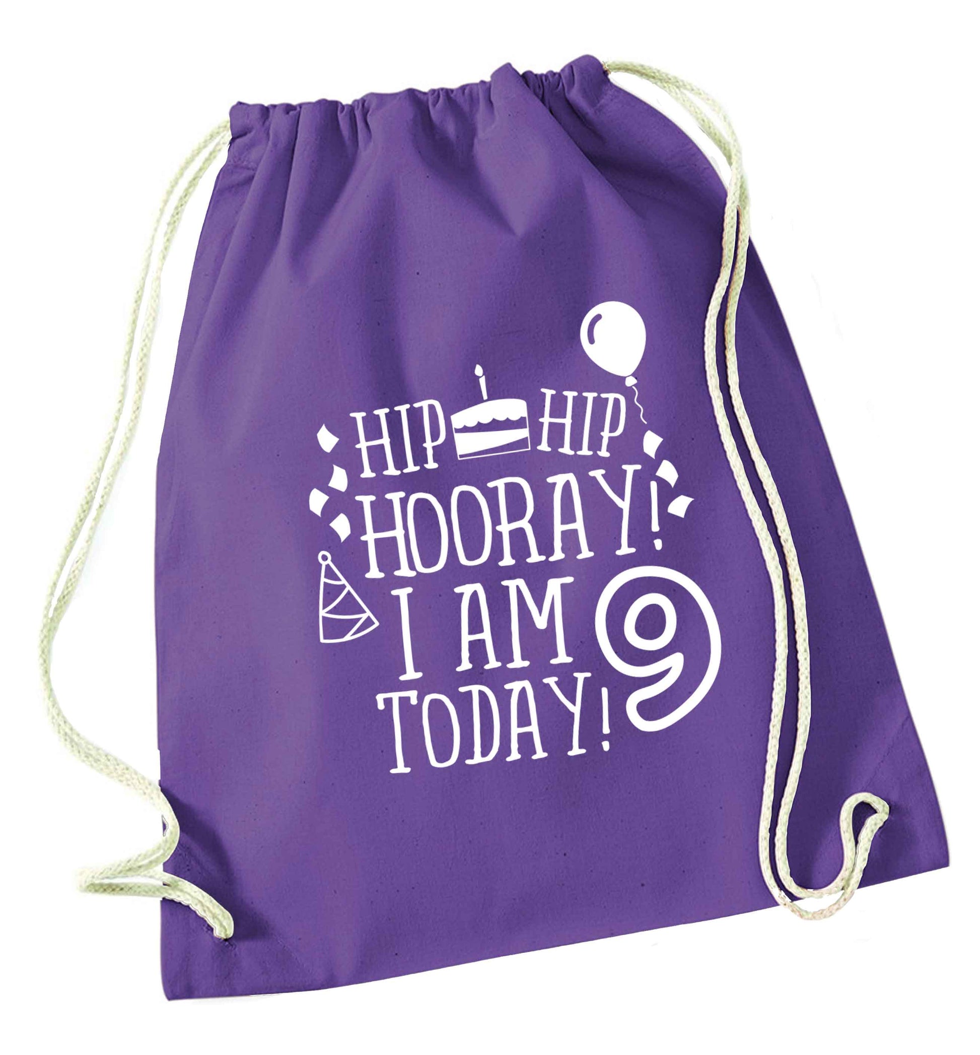 Hip hip hooray I am 9 today! purple drawstring bag