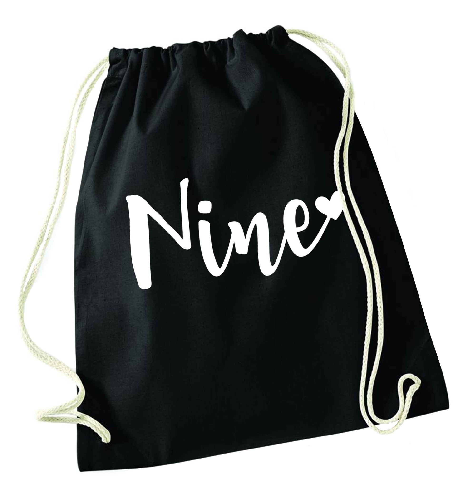 Nine and heart black drawstring bag