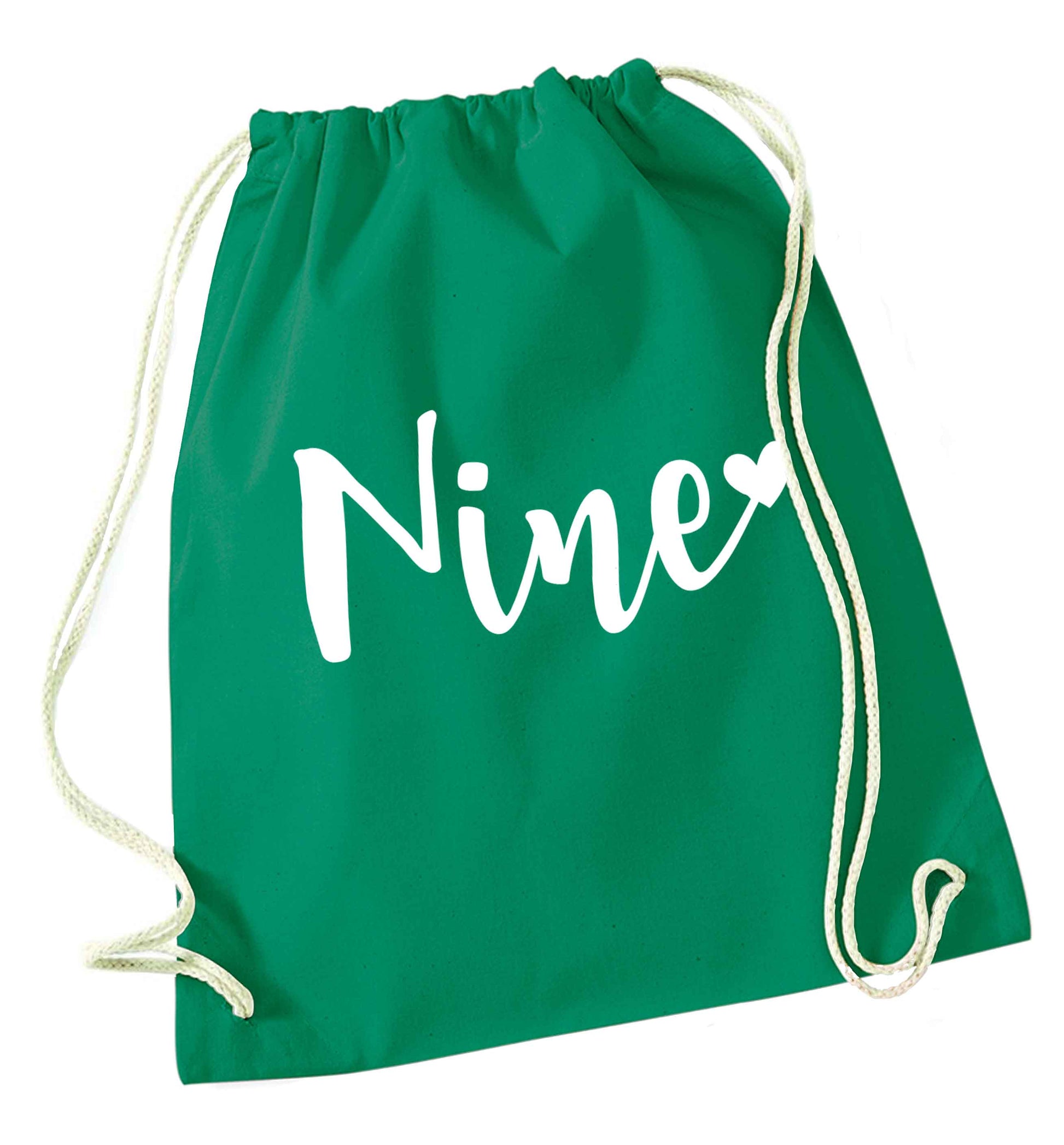 Nine and heart green drawstring bag