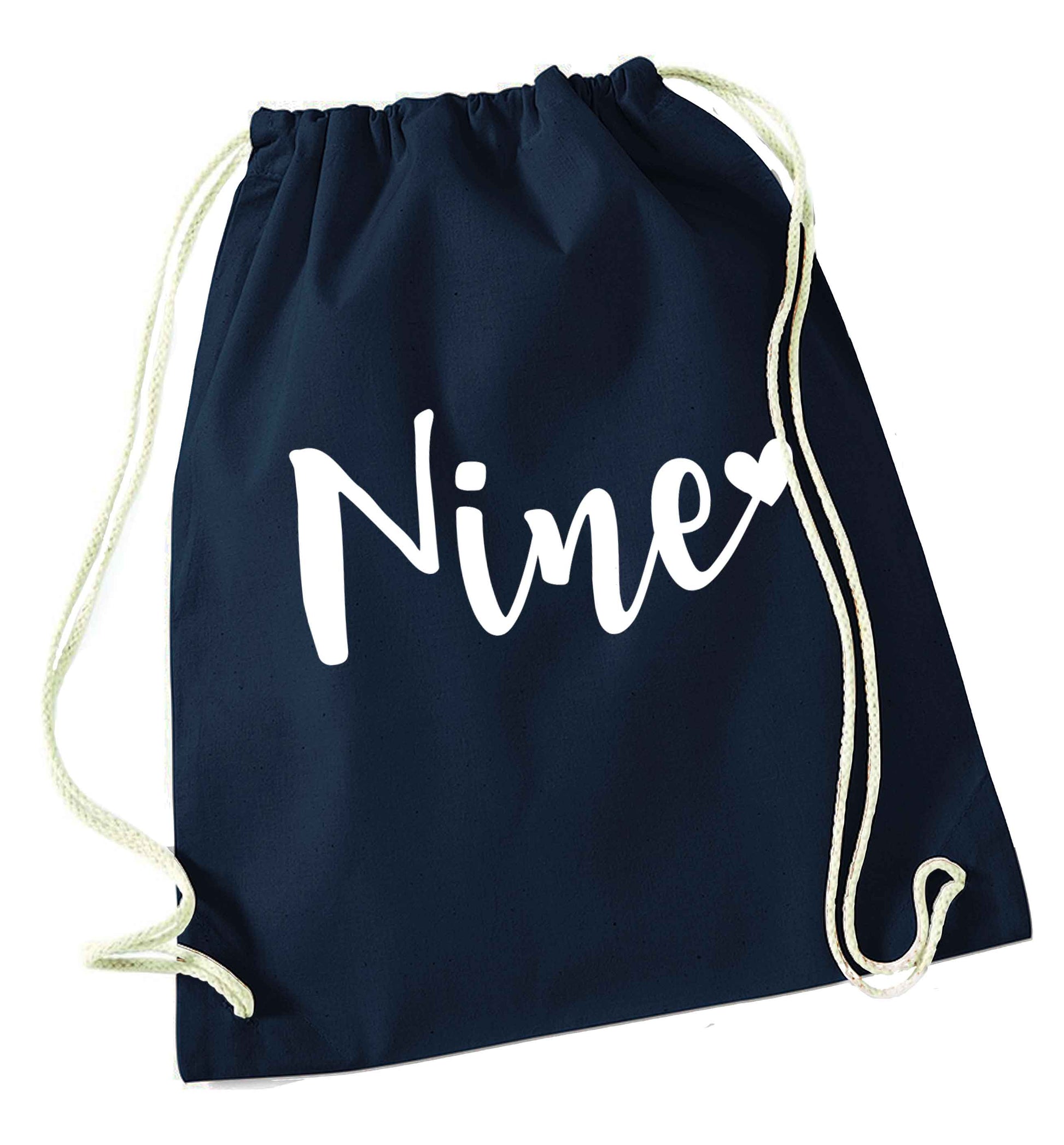Nine and heart navy drawstring bag