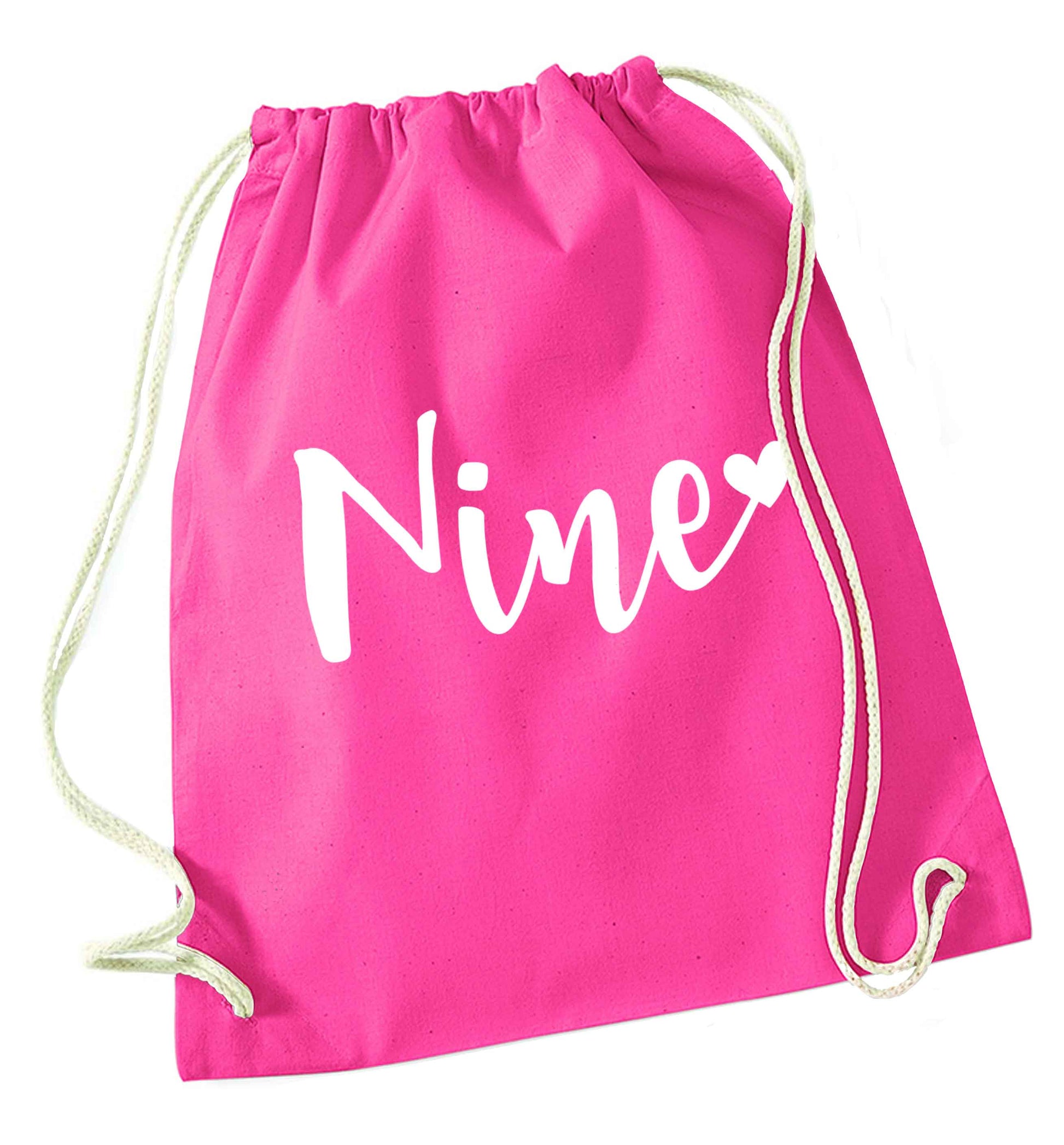 Nine and heart pink drawstring bag