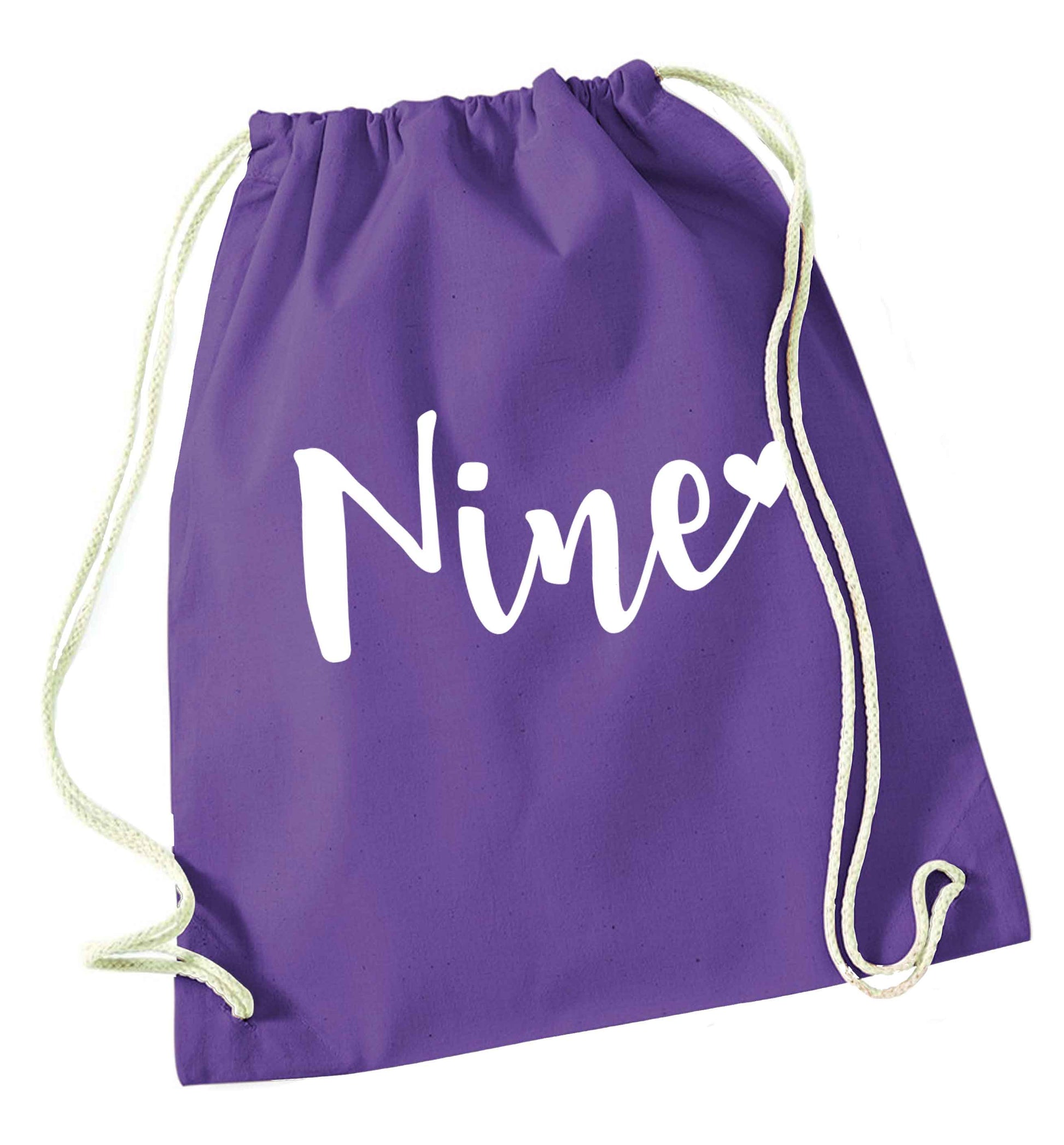 Nine and heart purple drawstring bag