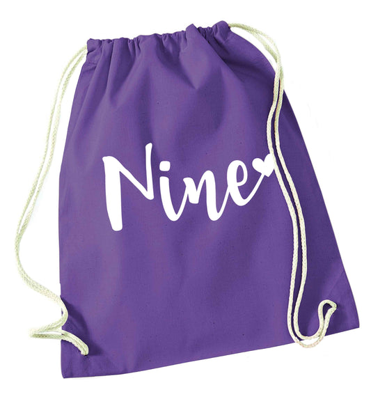 Nine and heart purple drawstring bag