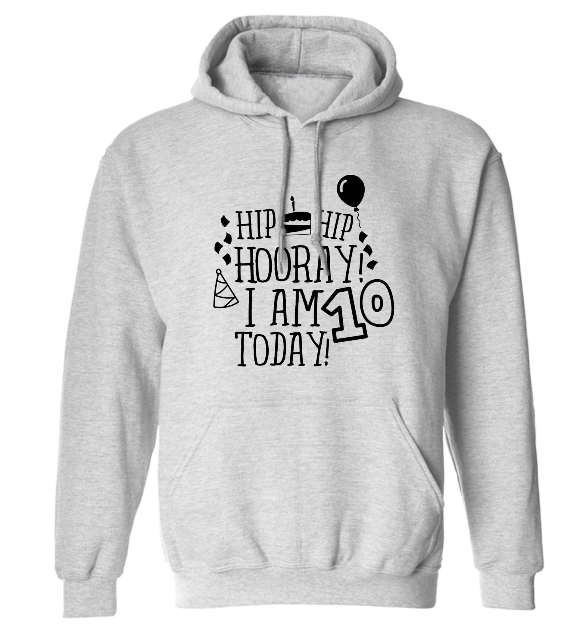 Hip hip hooray I am ten today! adults unisex grey hoodie 2XL