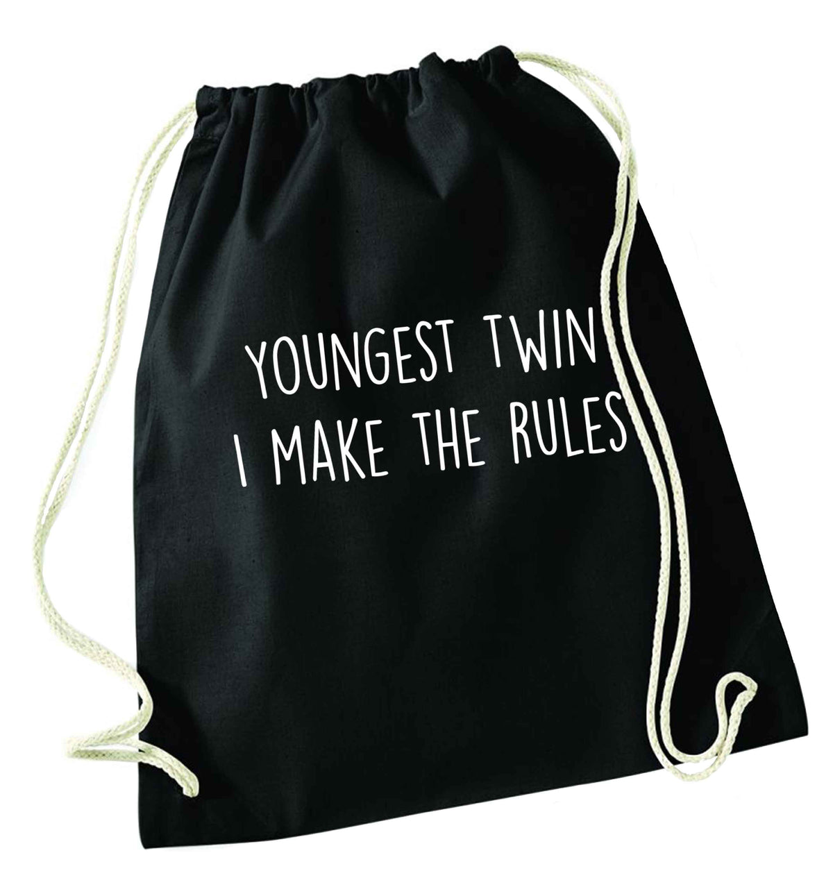 Youngest twin I make the rules black drawstring bag