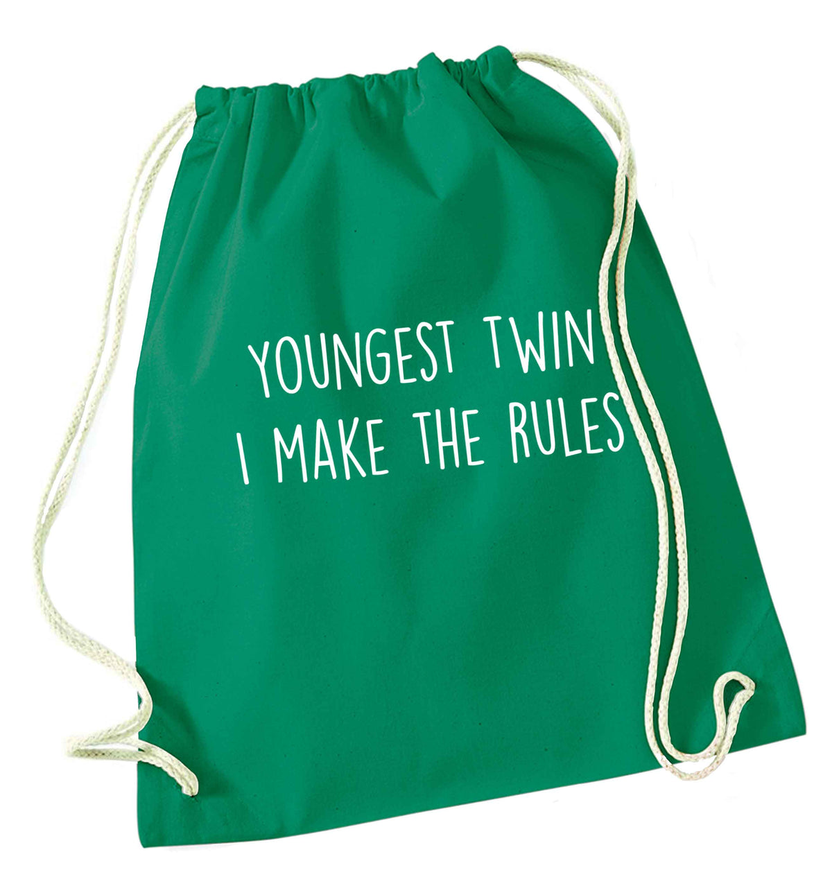 Youngest twin I make the rules green drawstring bag