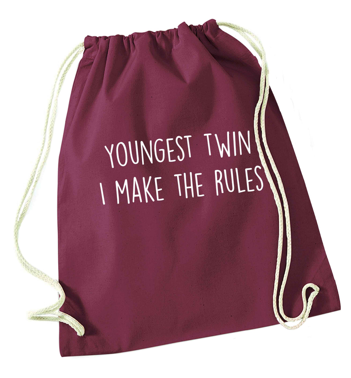 Youngest twin I make the rules maroon drawstring bag