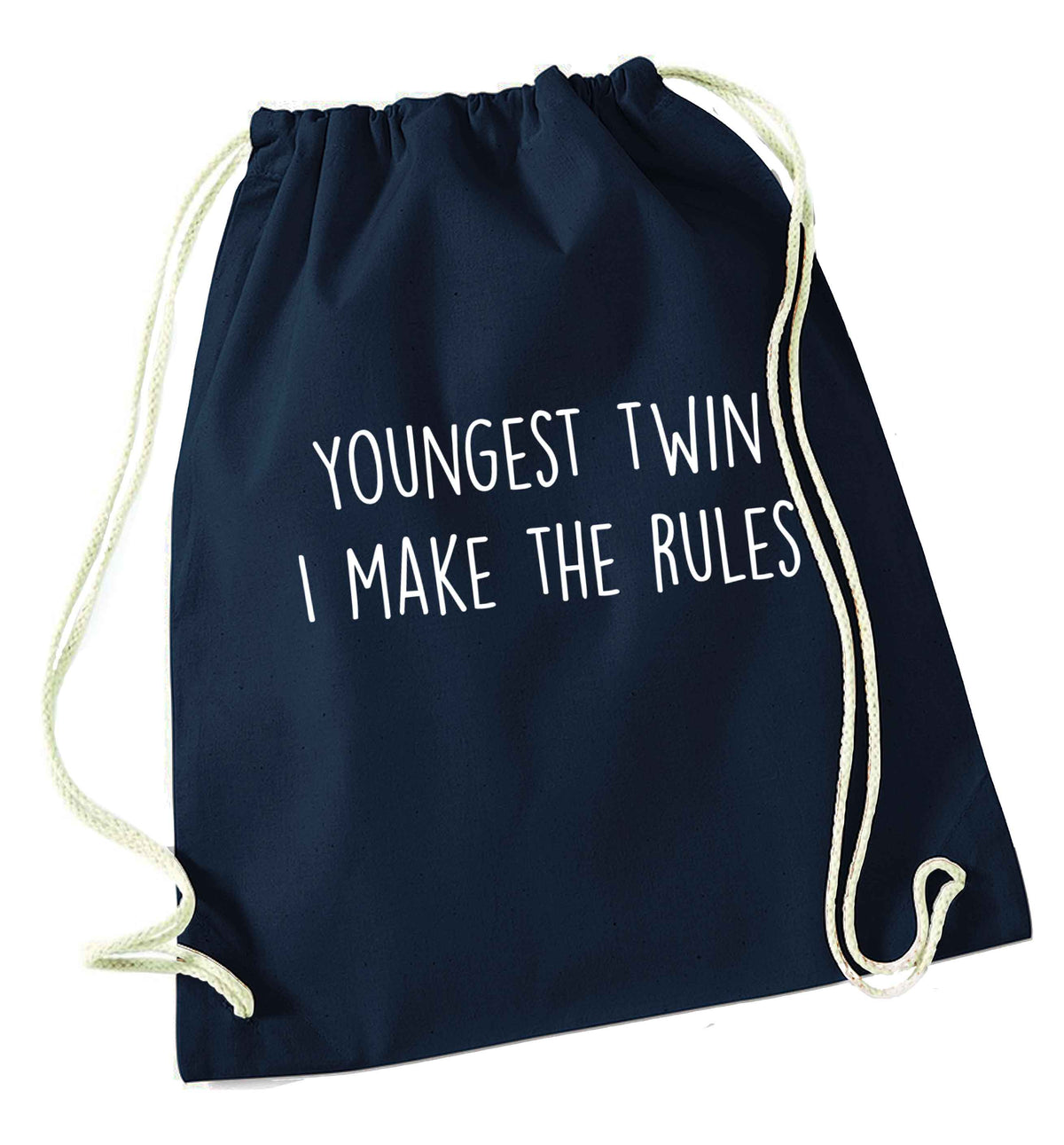 Youngest twin I make the rules navy drawstring bag