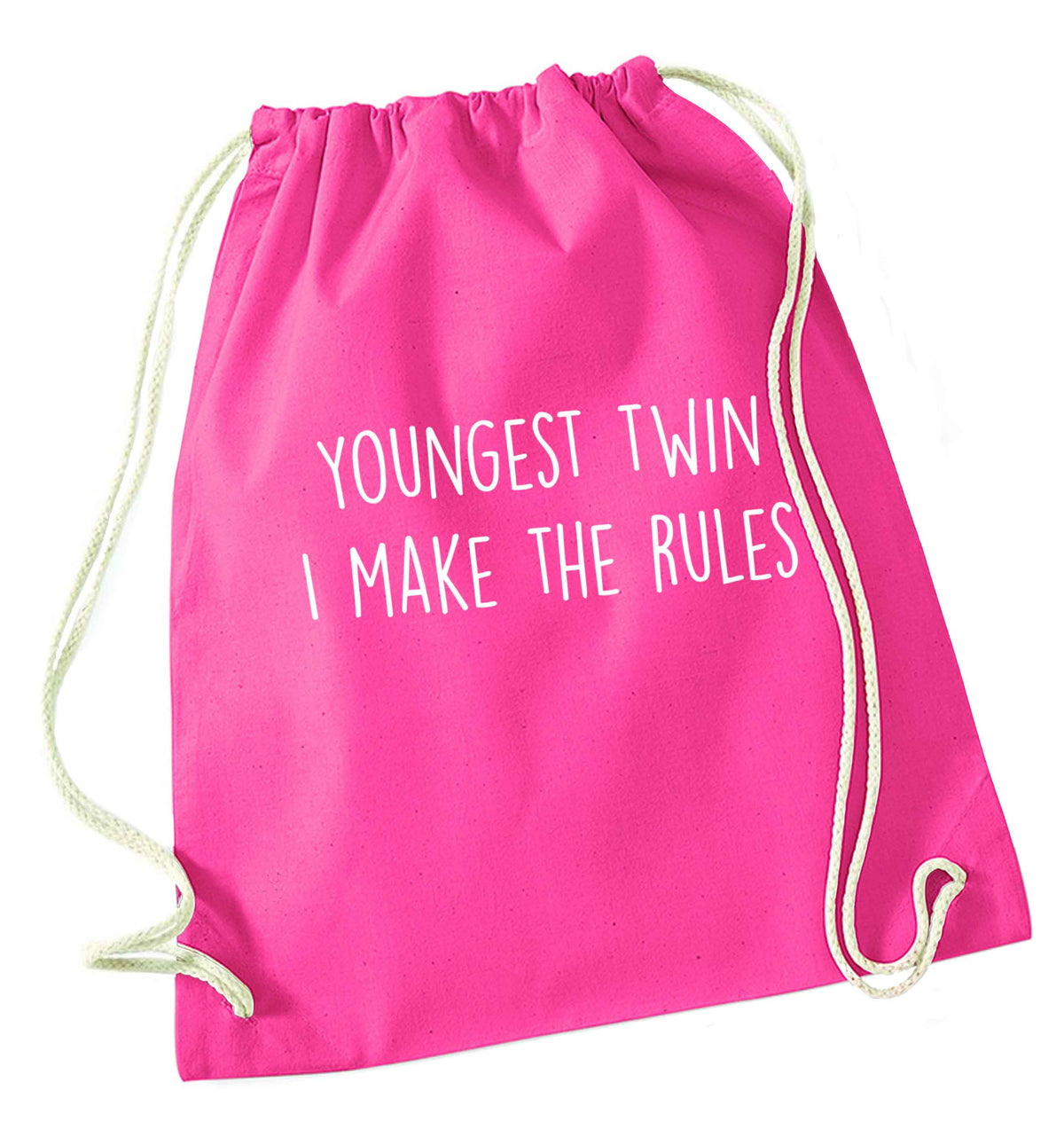 Youngest twin I make the rules pink drawstring bag