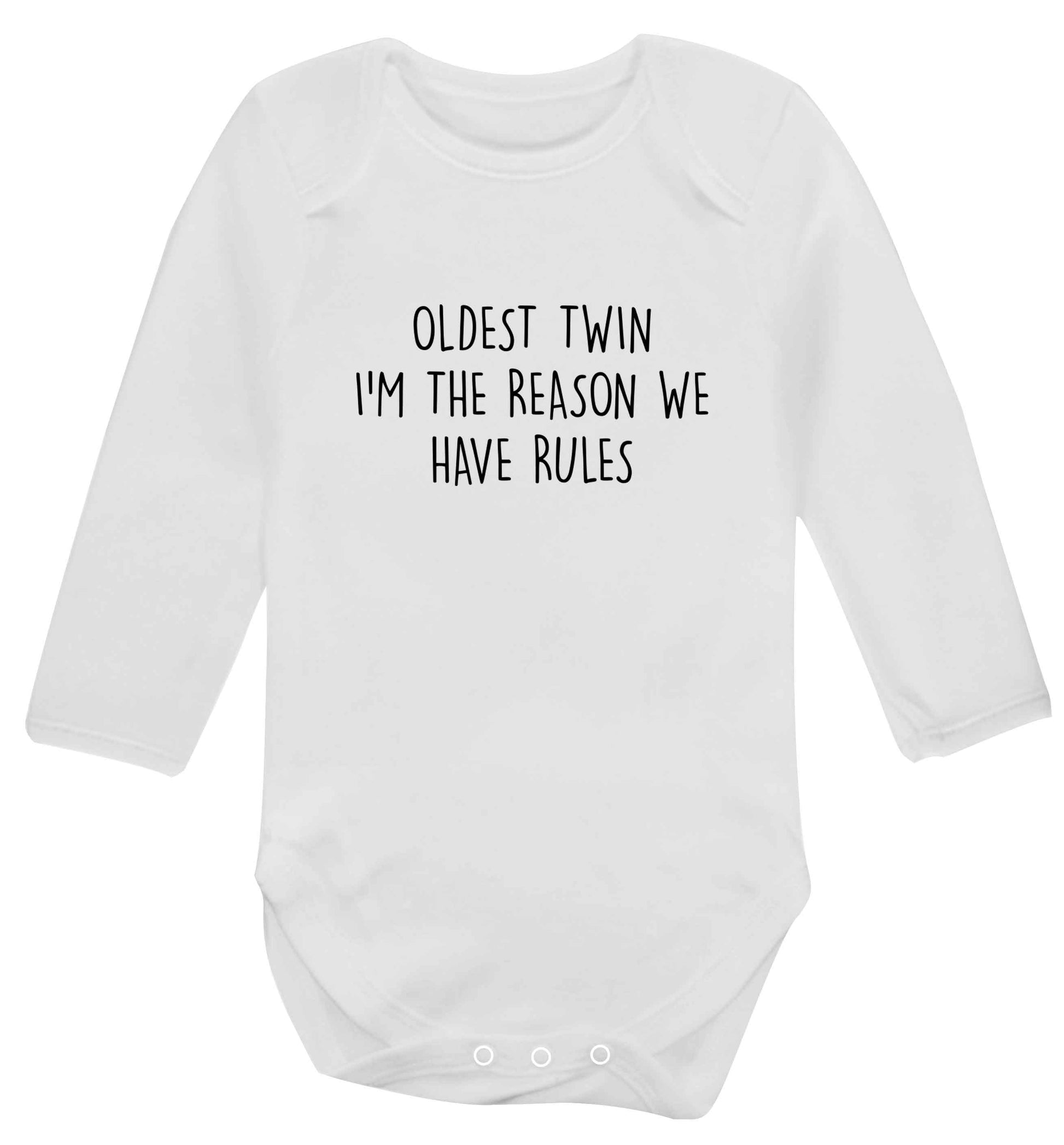 Oldest twin I'm the reason we have rules baby vest long sleeved white 6-12 months