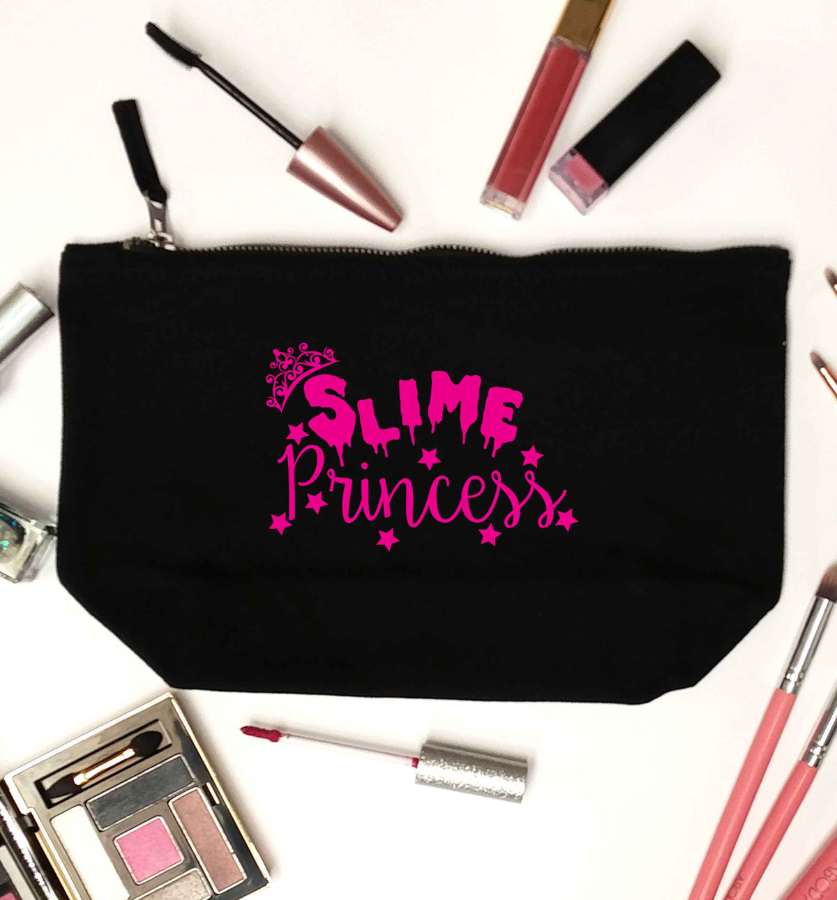 Neon pink slime princess black makeup bag