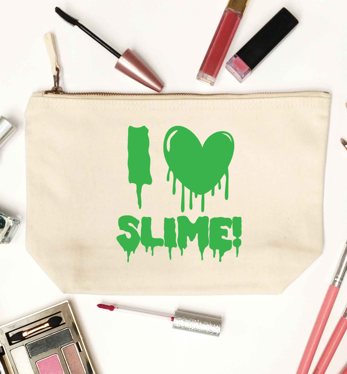 Neon green I love slime natural makeup bag