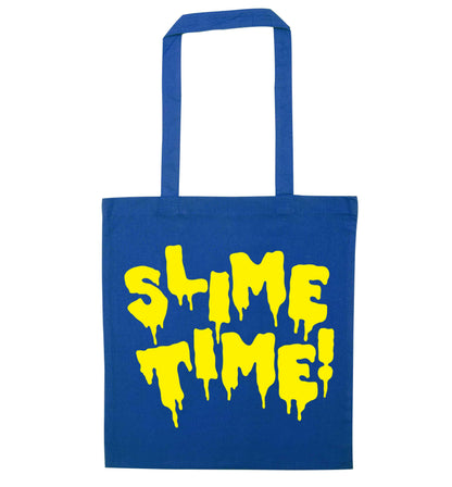 Neon yellow slime time blue tote bag