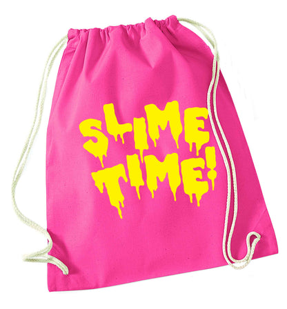 Neon yellow slime time pink drawstring bag