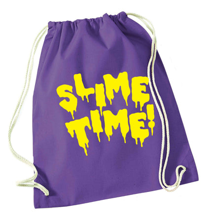 Neon yellow slime time purple drawstring bag