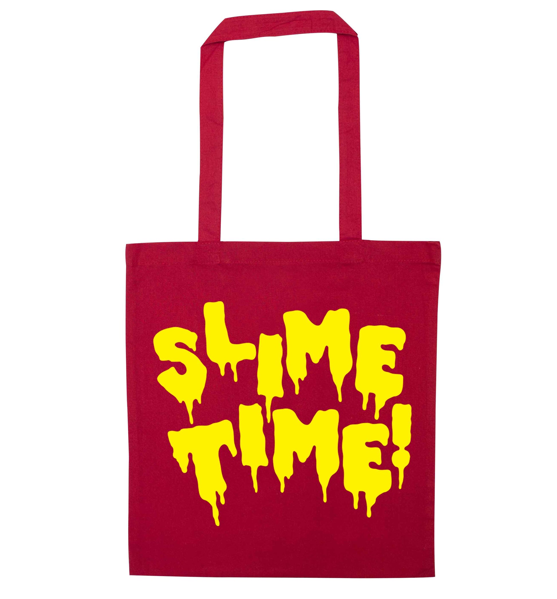 Neon yellow slime time red tote bag
