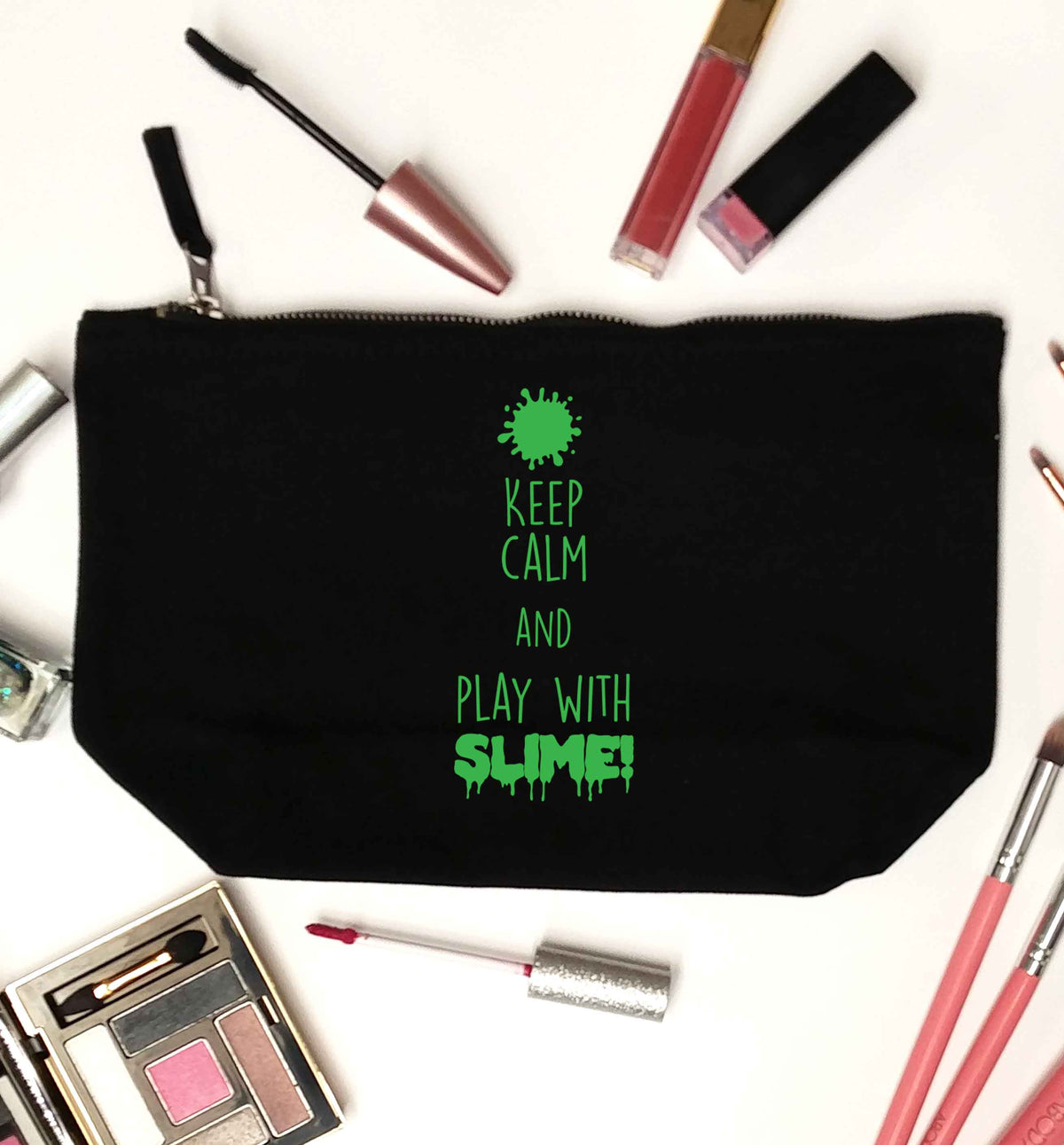 Neon green keep calm and play with slime!black makeup bag