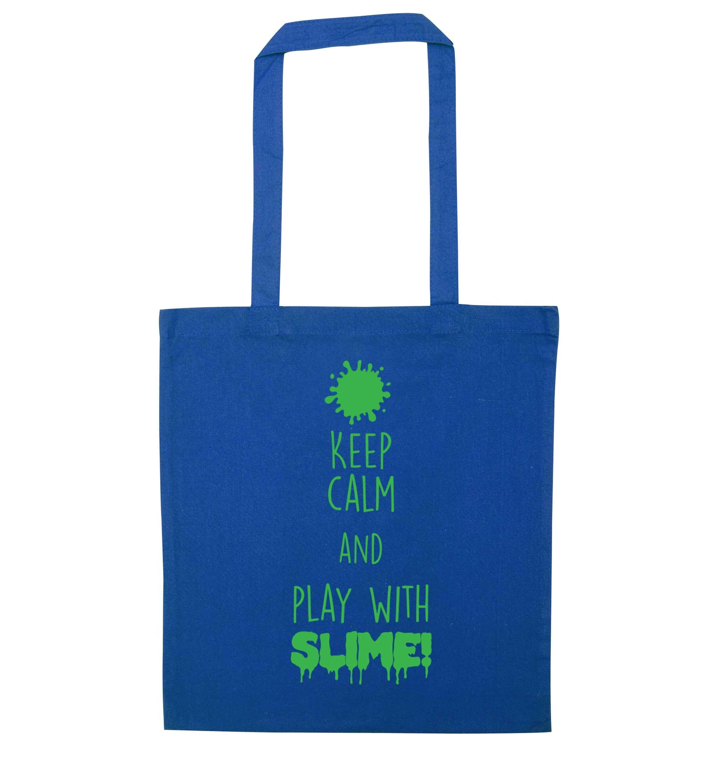 Neon green keep calm and play with slime!blue tote bag