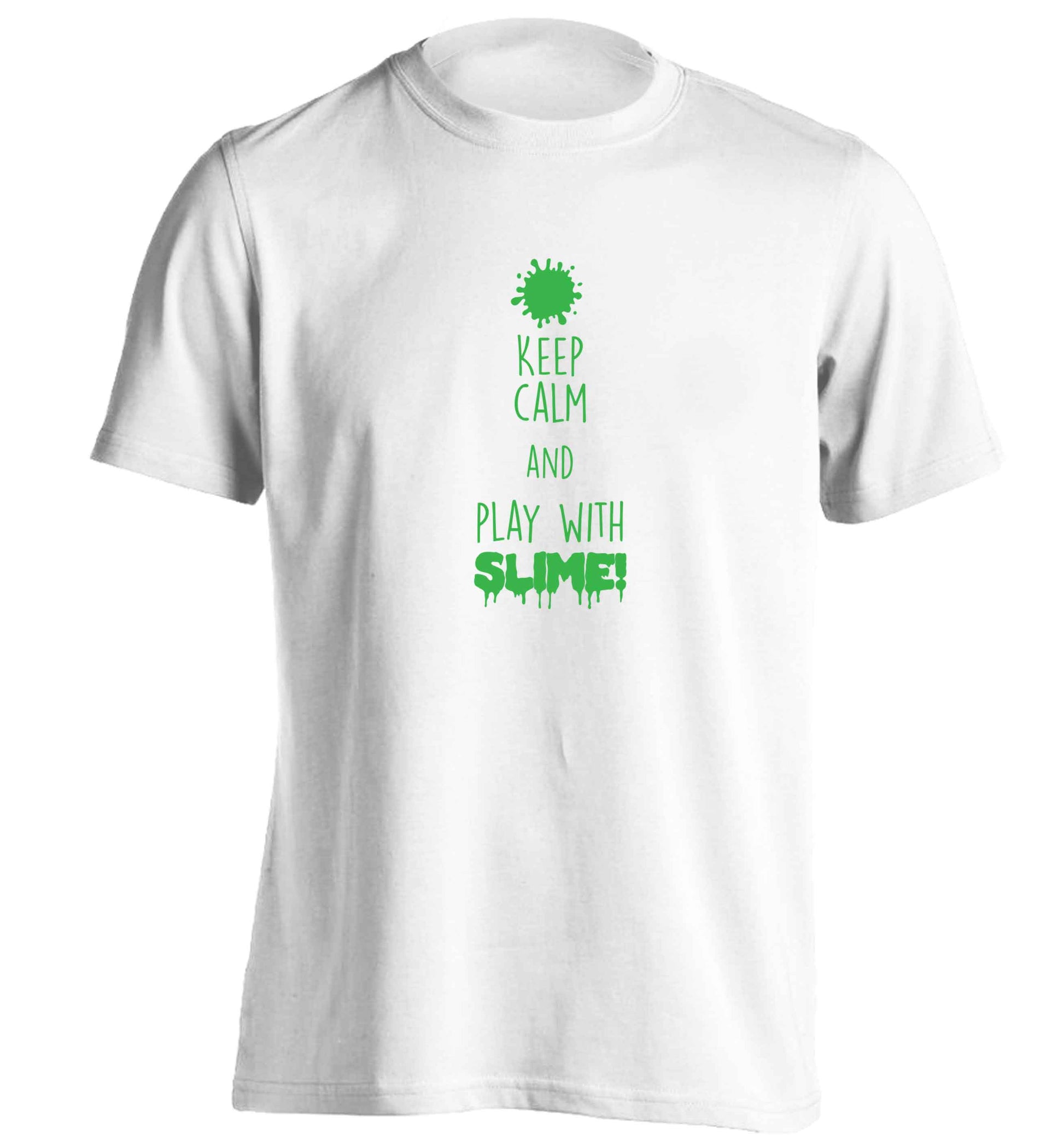 Neon green keep calm and play with slime!adults unisex white Tshirt 2XL