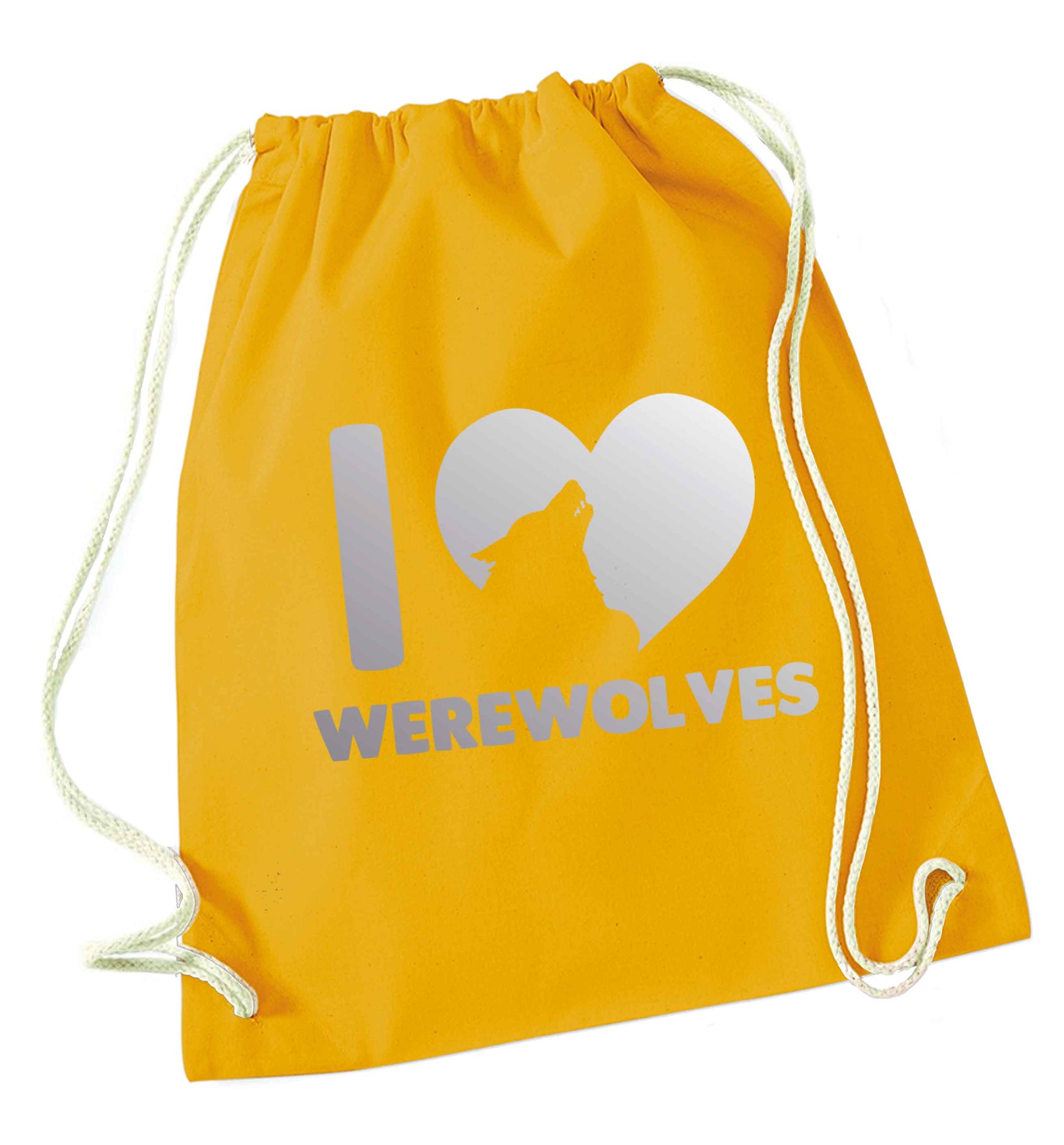 I love werewolves mustard drawstring bag