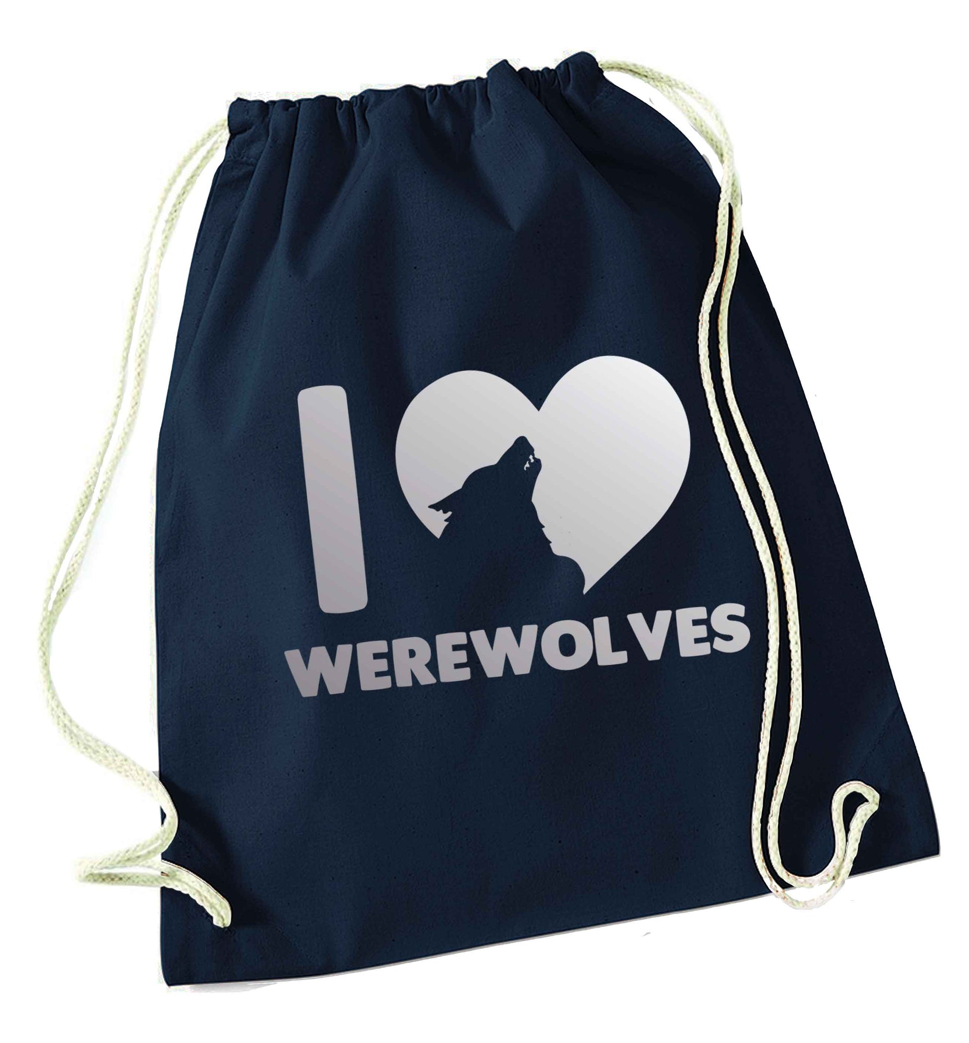 I love werewolves navy drawstring bag