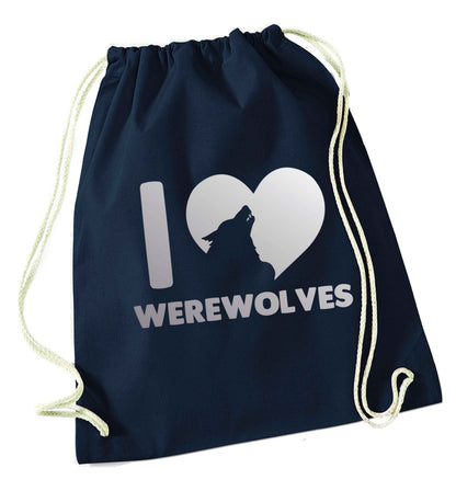 I love werewolves navy drawstring bag