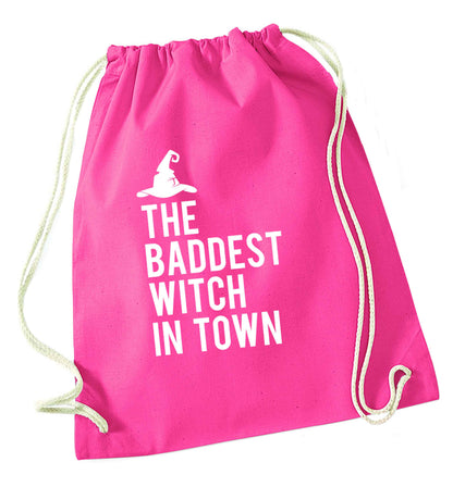 Badest witch in town pink drawstring bag