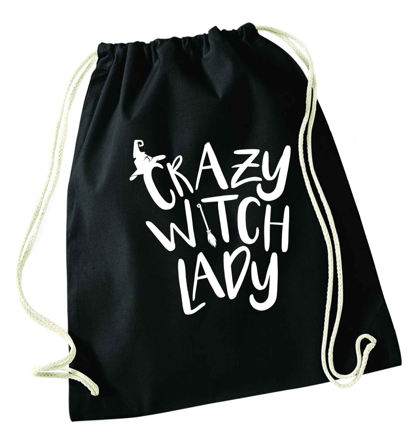 Crazy witch lady black drawstring bag