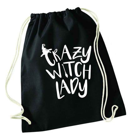 Crazy witch lady black drawstring bag