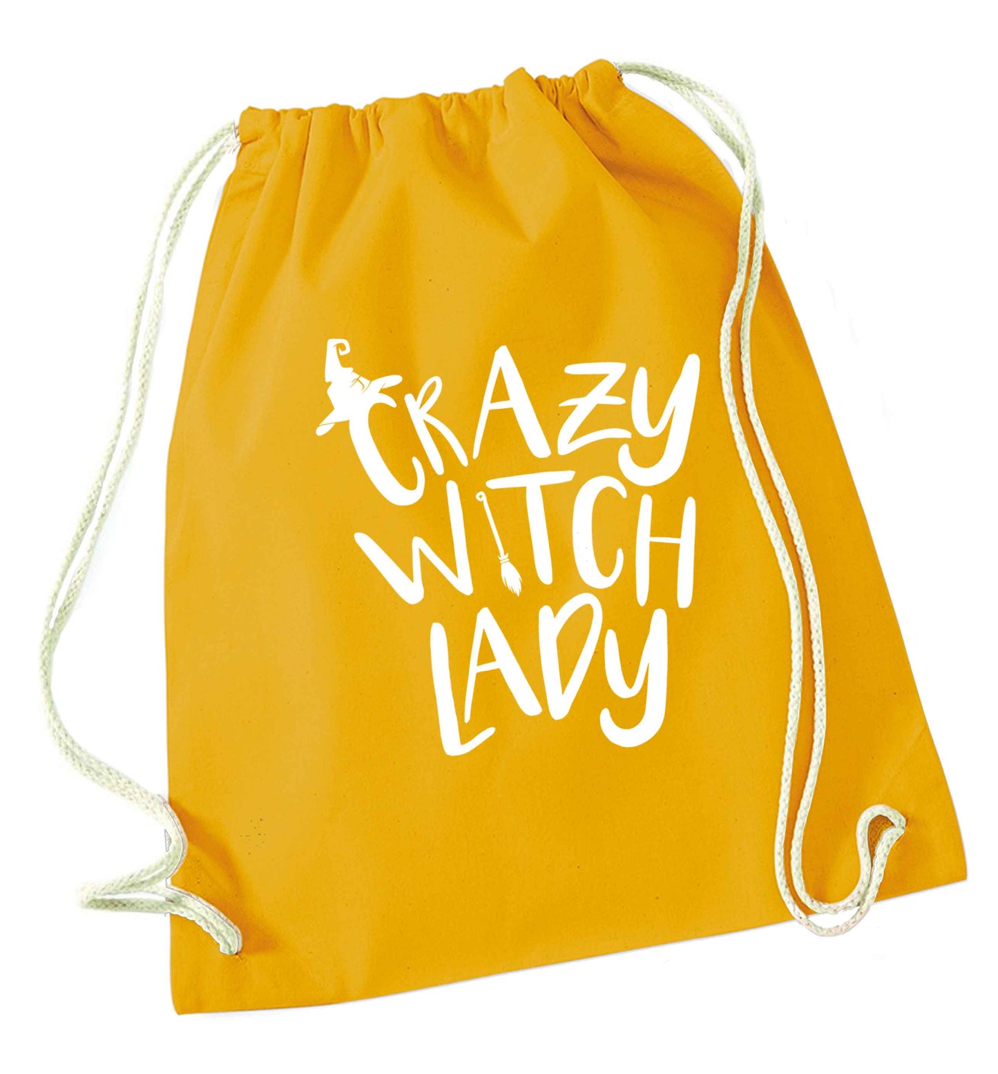 Crazy witch lady mustard drawstring bag