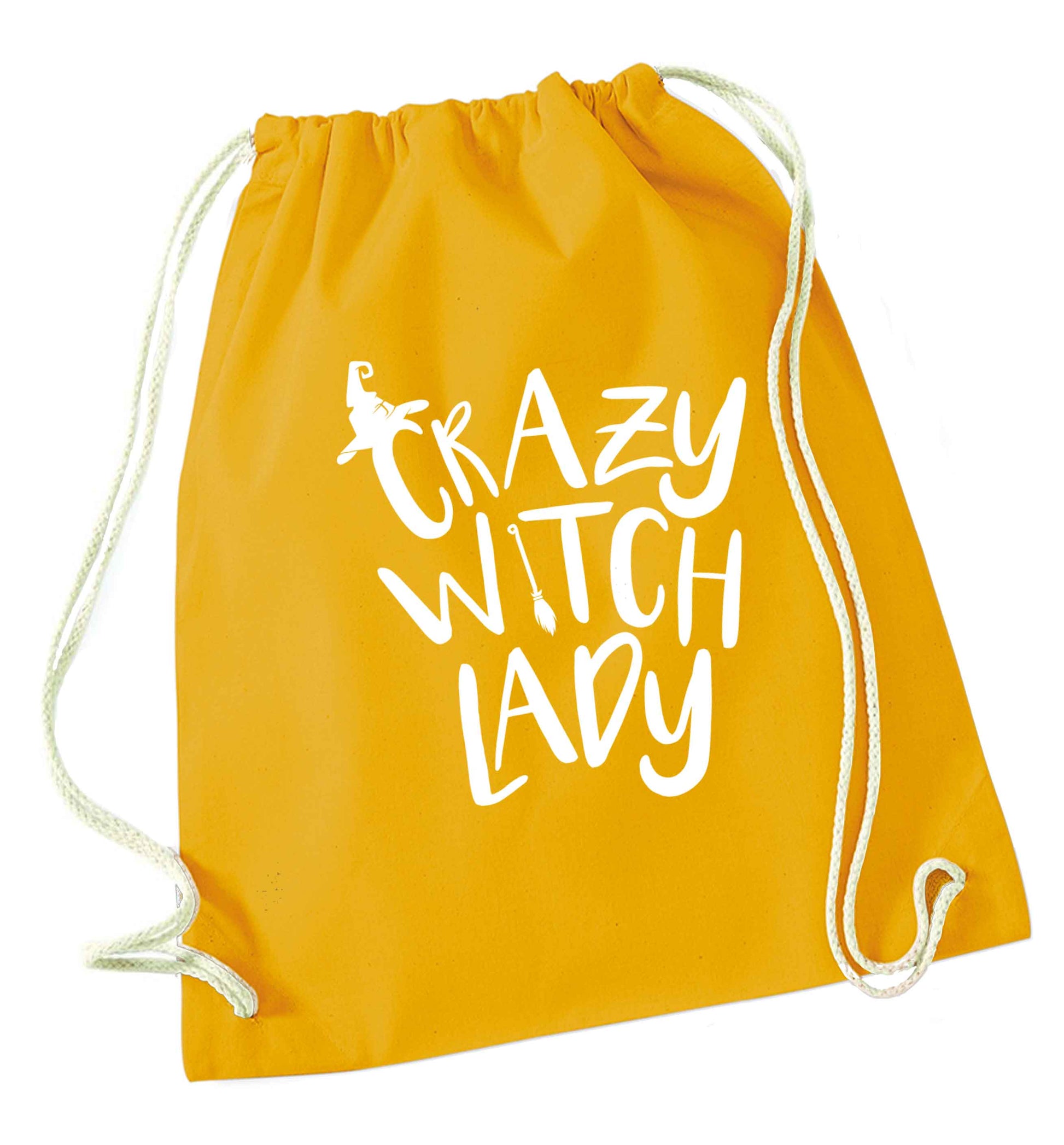 Crazy witch lady mustard drawstring bag