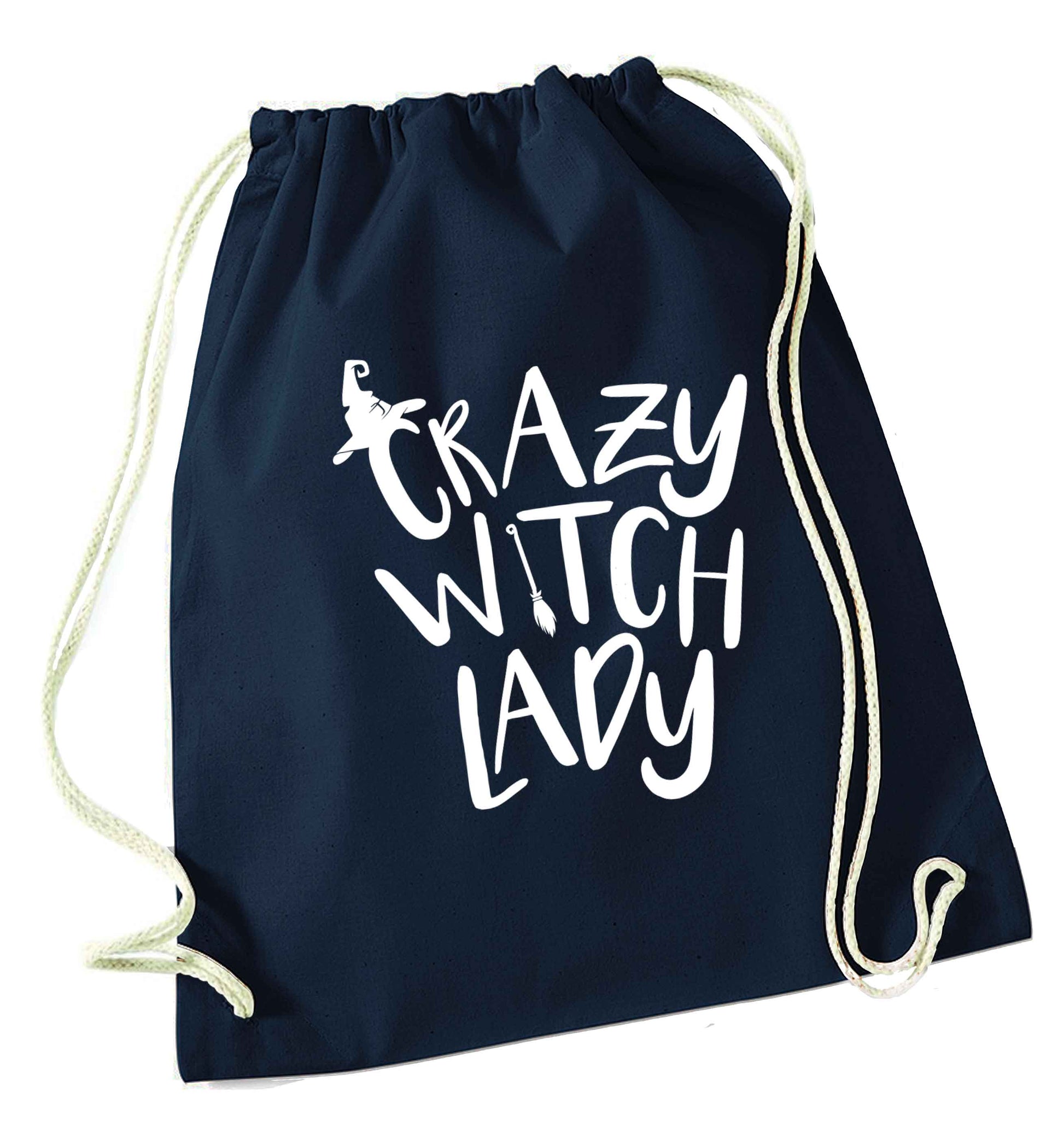 Crazy witch lady navy drawstring bag