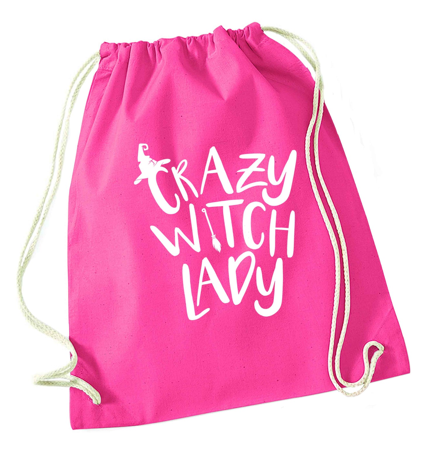 Crazy witch lady pink drawstring bag