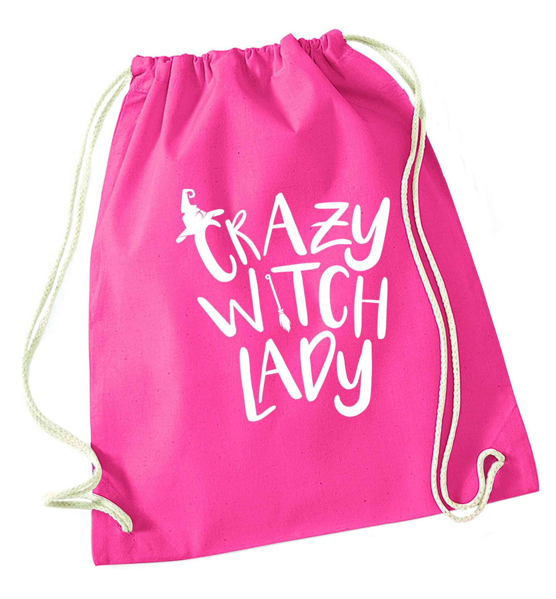 Crazy witch lady pink drawstring bag
