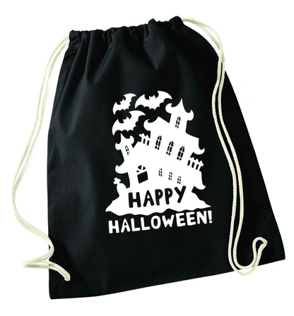 Happy halloween - haunted house black drawstring bag