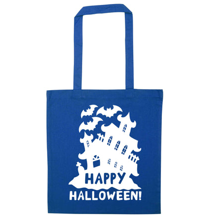 Happy halloween - haunted house blue tote bag
