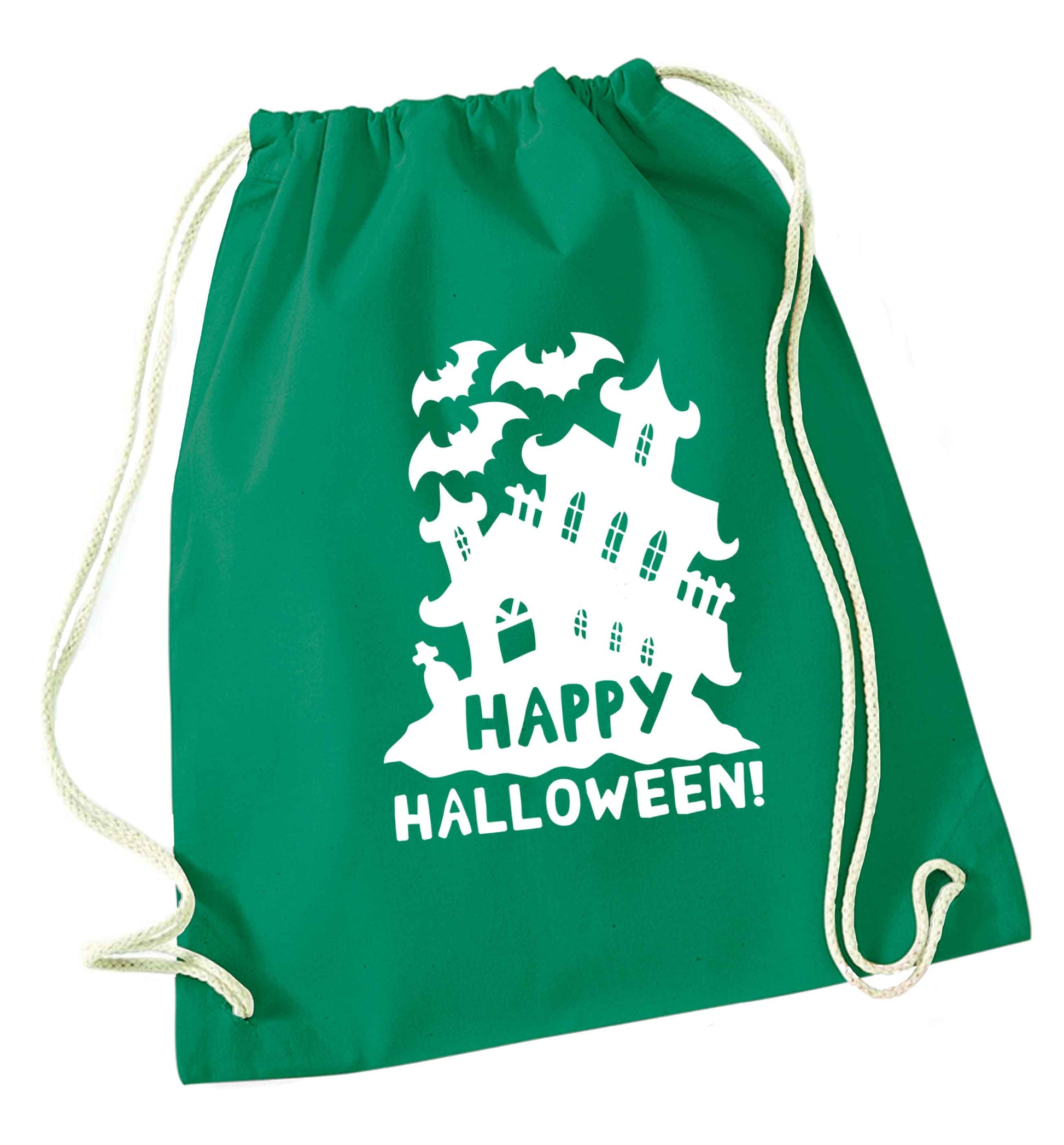 Happy halloween - haunted house green drawstring bag