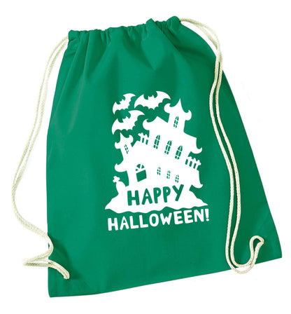 Happy halloween - haunted house green drawstring bag