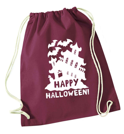 Happy halloween - haunted house maroon drawstring bag