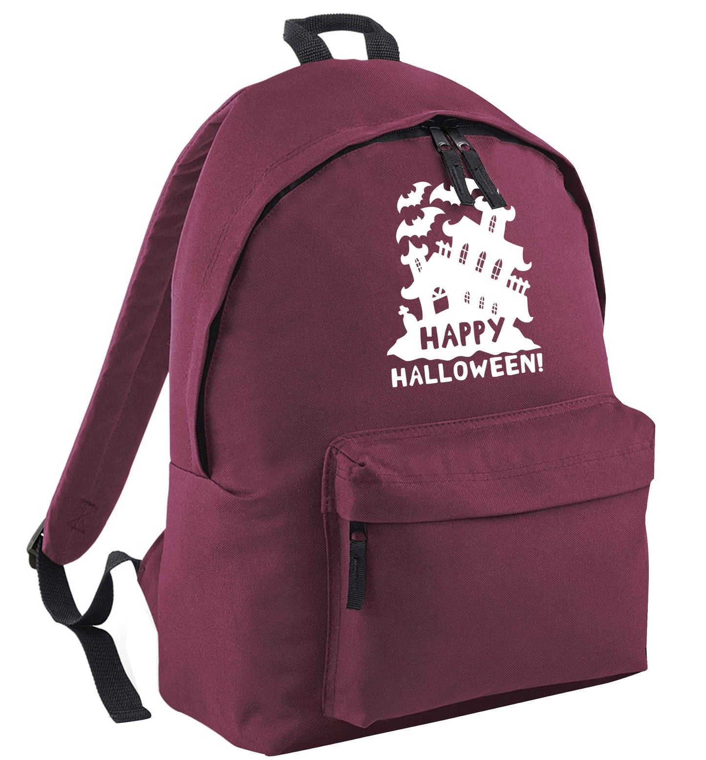 Happy halloween - haunted house maroon adults backpack