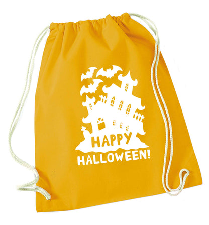 Happy halloween - haunted house mustard drawstring bag